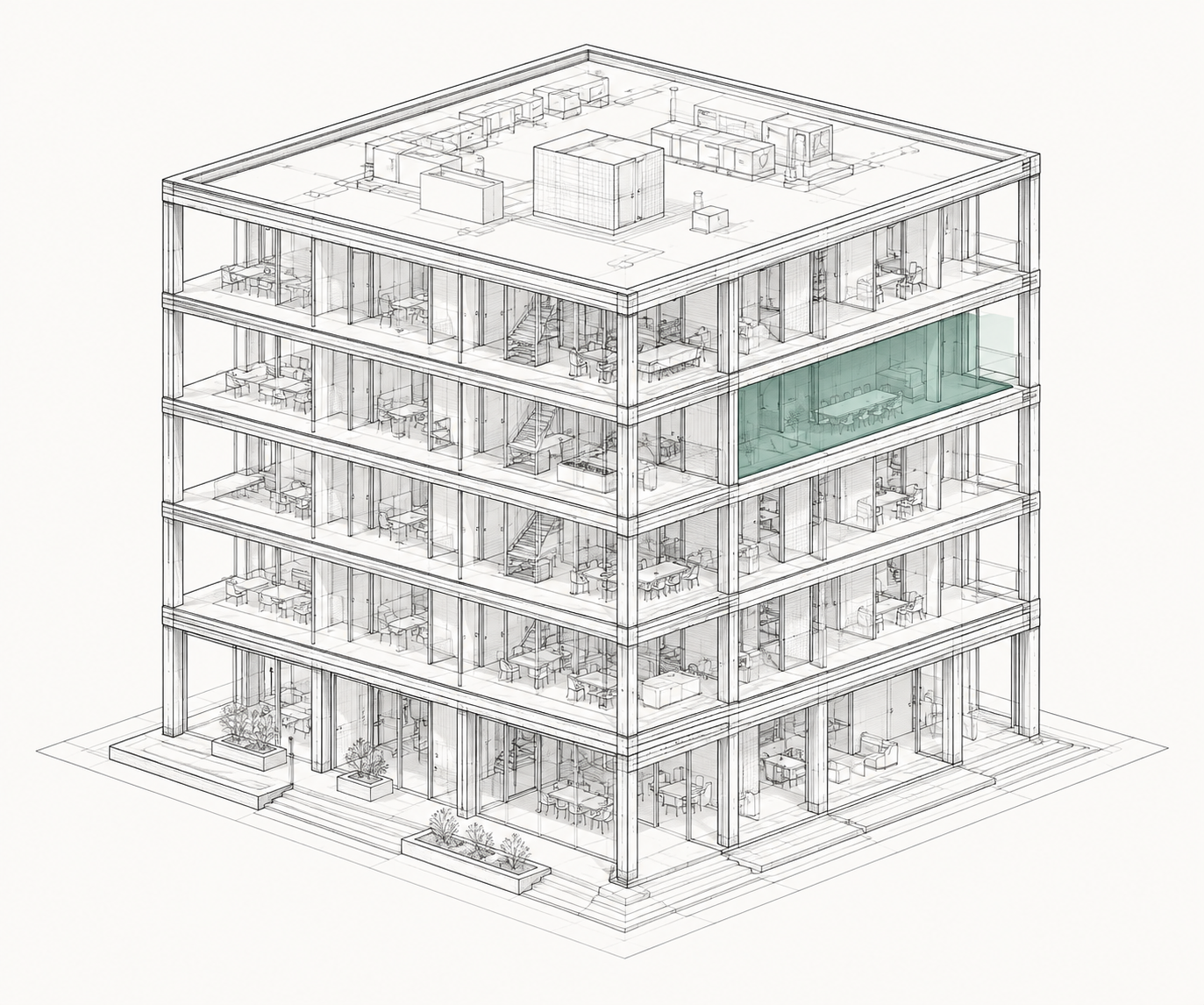 Illustrative architectural cutaway with one room highlighted in jade